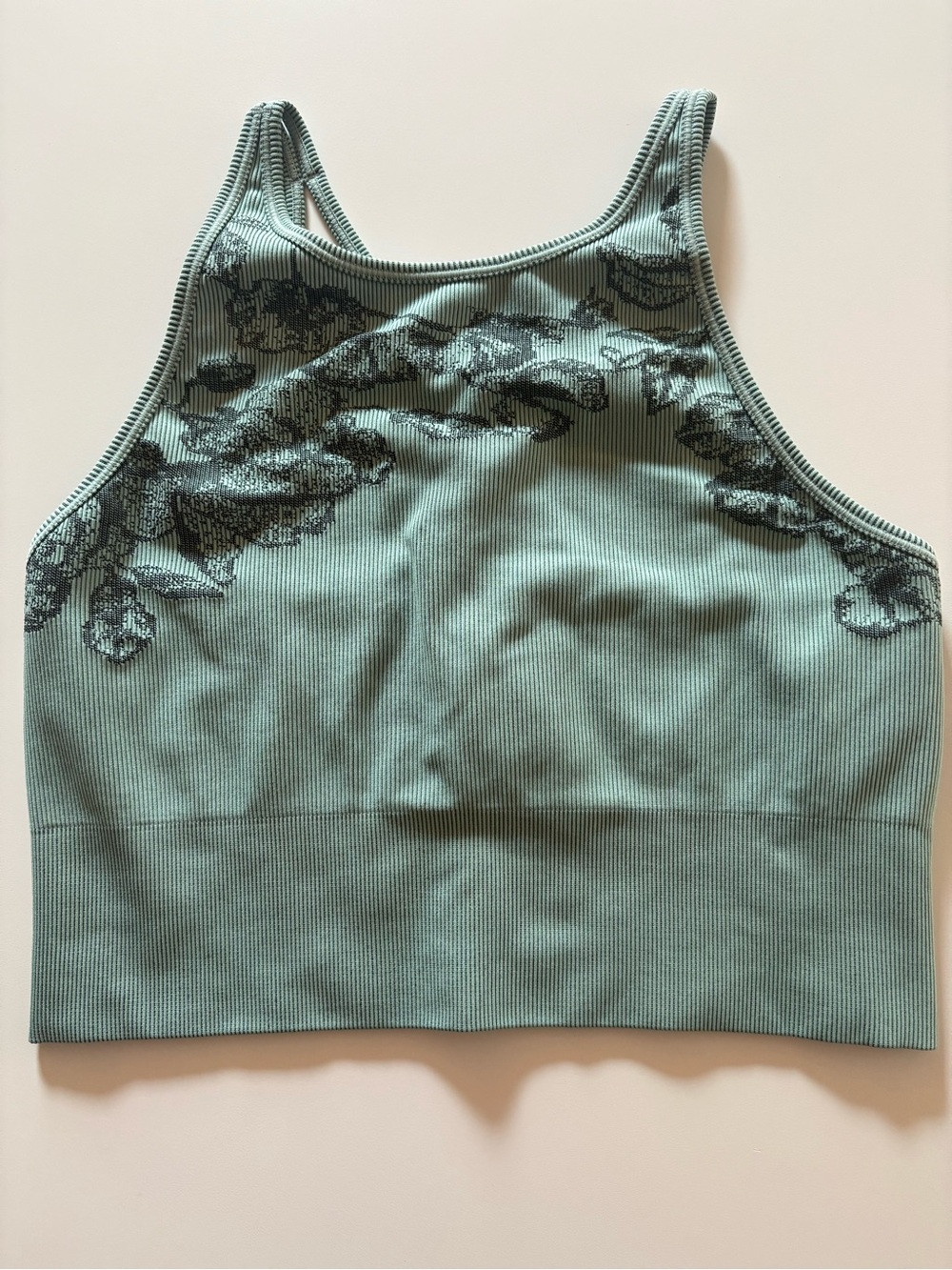 Athleta Green High-Neck Ribbed Bralette with Floral Lace